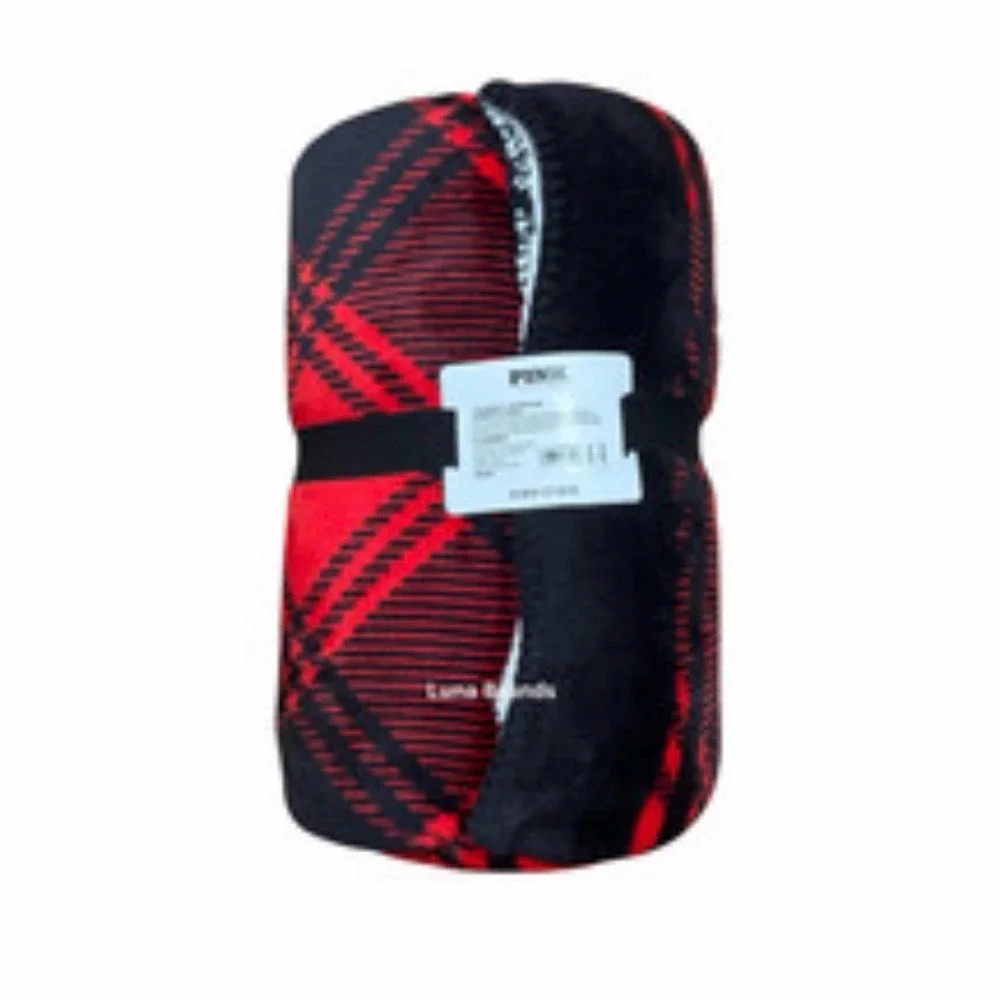 PINK Victoria's Secret Red and Black‎ Heart Plaid Blanket